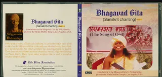 A multi-panel CD sleeve for Bhagavad Gita (Sanskrit chanting) Part 1, shown as a scan of the front cover, spine and back cover. The front cover shows a smiling man with long dark hair wearing a white and gold turban, gold necklaces and a yellow-gold shawl, holding an open book, seated before a painted backdrop of a chariot battle with horses and warriors, with the title Bhagavad Gita (The Song of God). The back panel shows a small photo of a man with eyes closed in an orange-gold turban beside a text block and the Life Bliss Foundation logo and address in Duarte, California. The spine reads Bhagavad Gita (Sanskrit chanting) Part-1.