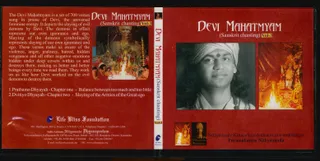 A red CD/DVD cover for Devi Mahatmyam (Sanskrit chanting) Vol-3, shown as a full jacket with front, spine and back panels. The front right panel has a black-and-white portrait of a man in a light turban with a red tilak on his forehead, looking forward, captioned as dedicated to Paramahamsa Nithyananda. Beside it is a colour photo of a deity murti, adorned with garlands, lit by a large fire pit with flames. The back left panel shows a photo of a lit fire pit with offerings and a group of people in ritual settings, with explanatory text about the Devi Mahatmyam verses. A small inset on the spine shows a fire and a portrait. The printed contact details and publisher's logo of Life Bliss Foundation and a person Dhyanapeedam appear at the bottom.