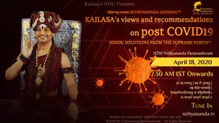 A promotional poster for KAILASA's Nithyananda Hindu University presenting a live satsang on post-COVID19 views. On the left, a smiling man in a maroon turban with gold ornaments, a maroon shawl, a rudraksha mala and a gold necklace raises one hand in blessing, seated before a silver throne with a lion motif. The background is dark red with a faint geometric yantra pattern, and large orange virus illustrations appear at right. The Swamiji cues (turban, ornate gold adornment, maroon robes, rudraksha mala) are present, and the page identifies him as Swamiji, so this is an appearance-based probable identification shown in a graphic poster.