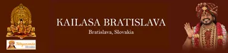 A horizontal web banner for KAILASA Bratislava, Slovakia on a deep maroon background. The centre reads KAILASA BRATISLAVA in large white serif capitals with Bratislava, Slovakia beneath. On the left, a golden deity murti seated on an ornate throne beneath a golden arch, with a small Nithyananda Slovakia logo below. On the right, a smiling man in a red and gold turban with a rudraksha mala and gold necklaces waves his hand, wearing a red and white garland and a saffron-coloured garment; he is a probable Swamiji depiction, identified by a red turban, rudraksha mala, gold necklaces and ceremonial garland.