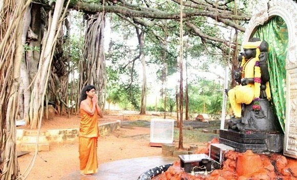Paramahamsa Nithyananda offering humble prayers to Adiguru Dakshinamurthy under the sacred banyan tree
