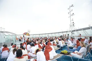 More upanishad sittings on open air deck of cruise