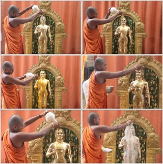 Abisheka done with 9 items like Turmeric powder, Sandal paste, Holy ash (Viboothi), Honey, Mixed fruits, Tirumanjanam, Tender Coconut, etc.,