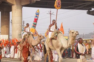 The traditional emblem of Allavattam and Thombai bearing the Nithyananda Dhyanapeetam emblem is being carried on camel
