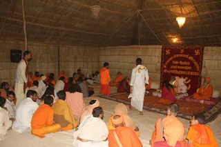 Acharya Maha Mandaleshwar, Maha Mandaleshwar, Shree Mahans and other Sadhus at the Maha Nirvani Akhada before the start of Bandara