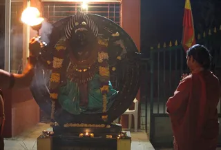 Kalabairavar standing guard and receiving respects during the procession