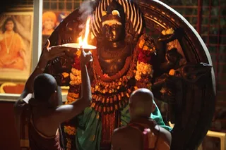 Kalabairavar receiving the respects as the Rajarajeshwari Ratotsavam procession reaches the Kalabairavar