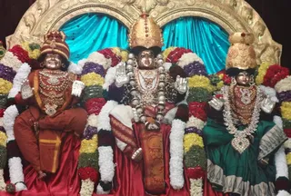 Meenakshi, sundareswara and Swamiji giving darshan as part of Meenakshi Brahmotsava.