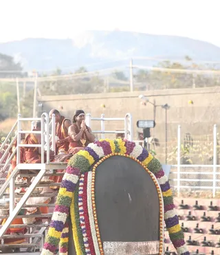 Rudrabishekam to the 21 feet Ananda Lingam in the Vaidya Sarovar at Bidadi Ashram on the auspicious occasion of Maha Shivaratri
