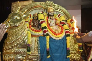 Here lamps are placed at Soma Skanda - His Holiness, Shiva and Devi