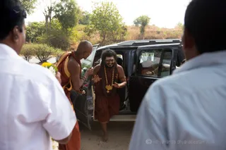 His Holiness Arrives to bless the whole village and the Bhumi Puja, which gives offerings to Bhumi Devi, the Mother Earth, for breaking ground for their new temple.