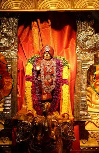 Deities hand crafted at Nithyananda Sacred Arts University are on display in a beautiful variety Alankar (decorations).