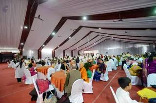 Participants gather for meals prepared by Sadashiva's Kitchen.