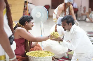 The food becomes Prasadam, sacred, energized food. His Holiness distributes to all the Sannyasis and then participants.
