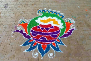 Beautiful colorful Rangoli adorns the Temple