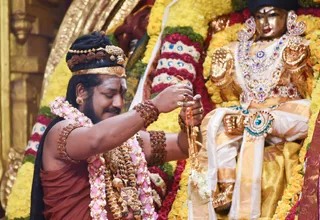 Meenakshi Thirukalyanam - His Holiness adorns Meenakshi Devi.