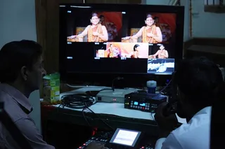 Technical team working on the telecast of the Satsang to various channels.