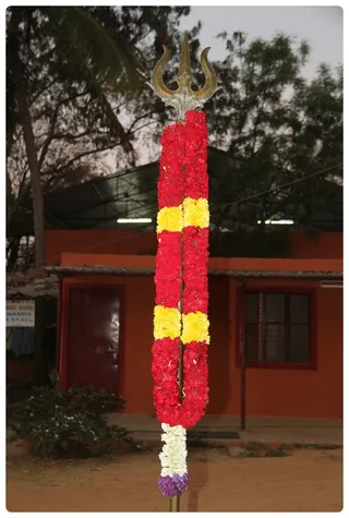 Flowers grace the Trishul - Shiva's ayudha.
