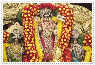 Subramanya with his consorts valli and Devasena in Swarna Mayura vahana