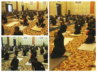 Participants dressed in black for the new 82 Asana Yoga sequence from Mahadeva - Swamiji is sharing Mahadevas Yoga with the world in a ‘user friendly’ way