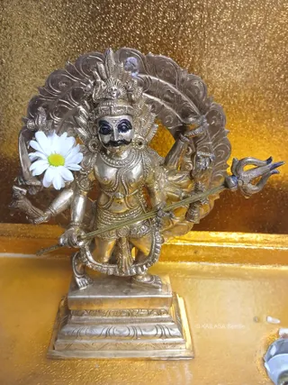 A polished metal deity murti stands on a tiered base before a gold-textured backdrop. The figure has a large mustache and dark painted eyes, wears an ornate crown and a broad jeweled collar, and holds a trident in one hand. Multiple arms radiate behind the figure, with a decorative arched halo framing the head. A single white daisy with a yellow centre is tucked beside the figure's shoulder as an offering.