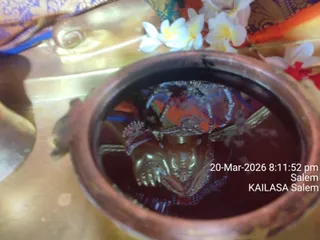 Close-up photo of a copper vessel filled with dark red liquid, in which a small gold-coloured deity murti with a crown and jewelled ornaments is submerged. Yellow and white plumeria flowers and red flower petals lie on a golden tray or surface beside the vessel, with an orange and blue embroidered cloth at the top edge. A digital timestamp reads 20-Mar-2026 8:11:52 pm, Salem, KAILASA Salem. No people are visible.