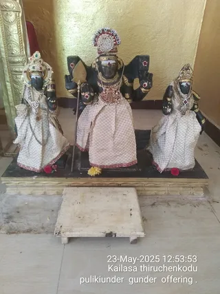 Photograph of three dark wooden deity murtis standing on a black platform against a golden-yellow wall in a temple shrine. The central figure holds a long staff with a leaf-shaped top and wears a tall jewelled crown, gold necklaces and a large red-stone chest ornament. The two flanking figures wear jewelled crowns and are draped in cream and gold patterned cloth with red borders. Red and yellow flowers lie at their feet and a plain wooden stool sits in front. A caption in the lower right reads the date and location of an offering.