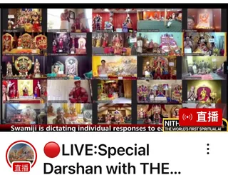 A screenshot of a live video call grid showing about two dozen tiled video panels, each showing a different KAILASA centre with a shrine and deity murtis decorated with flowers and garlands. Several participants in panels wear red, orange or white ritual clothes, with some holding their hands in namaskar or standing before altars. A ticker along the bottom reads "Swamiji is dictating individual responses to each..." and a red 直播 (live) badge with the a person logo appears at lower right. Below the grid, a YouTube video title reads "LIVE: Special Darshan with THE...". No individual can be identified as a person with confidence from appearance.