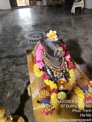 A dark stone Nandi bull figure sits on a golden pedestal in an indoor temple hall with a polished grey floor and a colourful floral kolam design. The Nandi wears pink and yellow marigold garlands, a rudraksha mala with gold beads, a yellow flower on its head and gold ornaments on its forehead. A small oil lamp with a lit flame and a brass bowl of grains sit beside it. No people are visible, and a timestamp overlay reads 23 Oct 2026 4:58:52 pm with an address in Hanoi and the KAILASA Seeragapadi label.