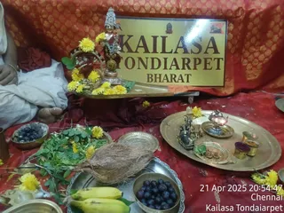 A ritual offering arrangement on a red cloth in front of a gold signboard reading KAILASA TONDIARPET BHARAT. A metal Natarajar-style murti stands on a tray decorated with yellow marigolds, wearing a crown and garlands. A brass tray holds a conch-shaped vessel, a small lamp, a black lingam-like stone, metal cups with turmeric and kumkum, and vibhuti. Bowls contain blue-black plums and yellow bananas, a whole coconut sits on a plate with green leaves and marigolds, and a figure in white clothing is seated at the left edge with bare feet visible.