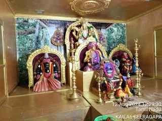 Photograph of a temple shrine room with a golden arched alcove and a forest backdrop mural. Central golden arch holds a standing deity murti wearing a garland and a crown, with a seated murti in a purple and pink patterned cloth, holding a staff, beside it. Left alcove holds a dark-hued murti in a pink skirt with a red and pink turban and garlands. Right alcove holds a red-faced murti with a crown and garlands. Brass oil lamps stand on tall stems at the front, and a flower-garlanded peetha or altar with a dark rounded form sits at centre. A green basket and offerings lie in the foreground. No live people are visible; the figures are statues. Timestamp reads 12-Aug-2024 12:29:30 Tamil Nadu.