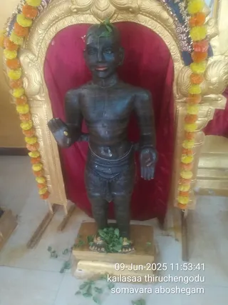 A photograph of a dark stone-like standing deity murti, bare-chested with a short dhoti-style waist cloth and a belt, one hand raised in a blessing gesture and the other hand lowered, with a small green leaf placed on its head. It stands on a wooden pedestal scattered with green leaves, in front of a red draped backdrop framed by an ornate gold arch decorated with marigold and yellow-orange flower garlands. A timestamp overlay reads 09-Jun-2025 11:53:41 and a caption reads kailasaa thiruchengodu somavara aboshegam. No physical people are visible.
