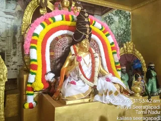 A golden deity murti seated on a gold pedestal in a temple shrine, dressed in a white sari with gold border and an orange-gold cloth draped over one shoulder. The murti wears a tall black hair crown ornamented with jewels, a red and white flower garland, and gold necklaces. It sits beneath a large arched garland of yellow, red, white, green and pink flowers. A brass kalasha/pot stands at right, with two painted figures in green attire beside it and a painted forest backdrop behind. Pink flower petals are scattered at the base. No people are visible.