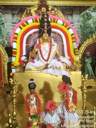 A golden deity murti of a goddess is seated on a gold throne under a large arch of garlands in pink, yellow, red, white and green. She wears a white sari with gold border, a tall black braided hair crown with gold ornaments, and multiple gold necklaces with a red-and-white garland draped across her chest. Pink flowers adorn the throne. Two smaller dark-faced murtis in white garments with orange and red garlands and hibiscus flowers stand in front, one holding a red hibiscus. Ornate brass oil lamps flank the platform, and a brass kalasha sits to the right. A green-clad figure stands in the background niche. Text overlay shows the date and location.