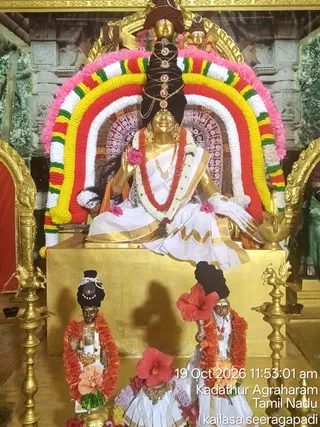 A golden deity murti of Goddess Saraswati is seated on a gold pedestal under a large multicolored floral arch of pink, yellow, red, white and green garlands. The goddess wears a white and gold-bordered sari, a red and white garland, gold necklaces and a tall dark hair crown adorned with jewelled ornaments, with a lotus-like pink flower in one hand. Two smaller golden figures in red and white garlands and hibiscus flowers sit in front, and brass oil lamps stand on either side. Lush painted backdrop and temple-style carved panels frame the scene.