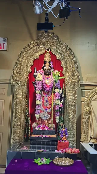 A decorated black stone deity murti stands in a gilded arched shrine with a red velvet backdrop, heavily adorned with garlands of purple and white flowers and gold jewellery, holding a staff and a conch-like object. Fresh flowers and petals lie at its base, a smaller decorated figure sits to the right, a plate of apples and a purple altar cloth with leaf offerings complete the scene, with a camera and lighting rig overhead.