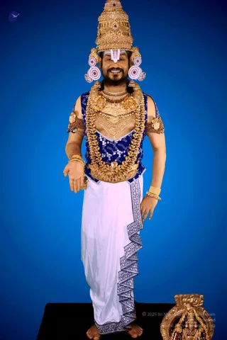 A photograph of one man dressed as a deity figure (Perumal/Venkateshwara form) against a plain blue backdrop. He wears a tall gold crown with red stones, a white urdhva vertical tilak and large white-and-gold ear ornaments, a heavy gold necklace and layered gold garlands, a royal-blue embroidered sleeveless vest, gold armlets and bangles, and a white dhoti with a blue-and-silver border. He stands barefoot on a black platform, and a small gold ornamental deity murti sits at the lower right. Printed copyright text and a source credit appear at the lower right of the image.
