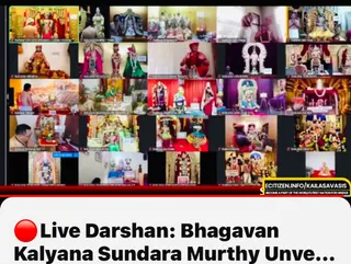 A screenshot of a video conference grid showing many small tiles, each displaying a different KAILASA centre with a deity murti or altar arrangement. Most tiles show decorated altars with murtis draped in red, pink, green and gold cloth, garlands and flowers. Several tiles show a person in white or red clothing seated or standing before the altar, including a man in a red outfit and a person in a dark jacket beside an altar. Labels in the tiles read KAILASA locations such as Geneva, Houston, Toronto, Singapore, San Jose, Kenya and Malaysia. A red banner at the bottom reads Live Darshan and a partly visible title, with an ECITIZEN.INFO/KAILASAVASIS logo at the lower right.
