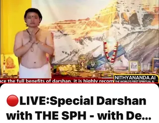 This is a screenshot of a live video frame with a white caption box at the bottom. A man stands at left with bare chest, white dhoti, rudraksha mala, and forehead tilak, palms pressed together in namaskar. Behind him is a large mountain painting with snowy peaks and red-tinged cliffs, and an altar holds a small deity figure, a brass lamp, flower garlands in red and white, and fruit offerings. A framed picture and a yellow wall appear at left. A yellow-and-black overlay logo reads NITHYANANDA.AI and THE WORLD'S FIRST SPIRITUAL AI, with a caption reading LIVE:Special Darshan with THE SPH - with De...
