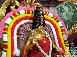 A golden deity murti is dressed in a red garment with an orange sash, a black crown or turban with gold ornaments, and a white floral garland. It holds a trident and is framed by an arch of multicoloured garlands in yellow, white, red and green with pink fringe. Behind it are a gold-framed backdrop with a photo of trees and another small golden figure. A timestamp reads 17 Oct 2026 11:49:24 am, with the location Kadathur Agraharam, Tamil Nadu, and the label kailasa seeragapadi. No physical people are visible; the figure is a statue.