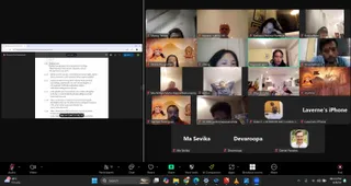 Screenshot of a Zoom video call grid showing a Bhagavad Gita Decoded reading session, with a PDF page of the Gita text open on the left side of the screen. The Zoom gallery shows about a dozen small participant tiles, including a man with a shaved head in a dark top labelled Kailasa - UK EU AF, a woman with dark hair named Kailasa's Fatima Florence, a person in an orange robe with a red-and-yellow head covering and a deity image behind them labelled Maha Anugrahad, a woman in a pale top labelled cheng, a person labelled Yogaswarupini in a dark top, a man in a blue shirt labelled Visvanathan T, a figure in an orange robe labelled Ma Nithya Maha Kalpavrikshananda, a figure labelled Rahul, a person labelled Bhavin Patel, a figure in an orange robe labelled martina, a man labelled Samuel Rodrigues, a figure labelled Sri Nithya Amrtapanananda, and a phone-shaped tile labelled Laverne's iPhone. Labelled name tiles also read Ma Sevika, Devaroopa and Daniel Pawelec. The Zoom toolbar shows 19 participants and the time 08:19 PM on 6/9/24.