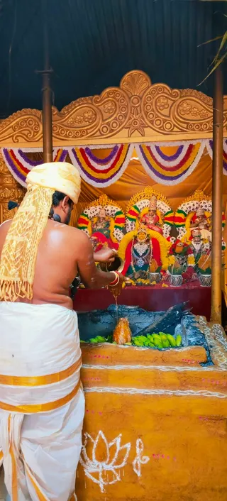 A priest with a bare back, wearing a white dhoti with gold borders and a yellow-gold shawl draped over his head and shoulders, pours liquid from a small vessel over a coconut placed before a homa fire pit. Bananas are arranged beside the pit, which is decorated with white kolam lines and a lotus design painted in white. Behind him, three deity murtis are seated on a tiered altar decorated with marigold garlands and red, yellow and purple festoons under a golden carved canopy. The central murti is adorned with silver ornaments and a red garment, with brass kalashas and offerings placed around the altar. The scene suggests a devi worship ritual with a homa.