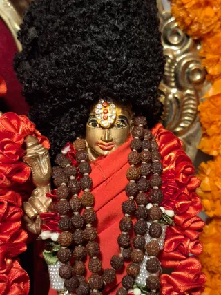 Close-up photograph of a small golden murti of a sannyasi figure with a tall, voluminous black curly hair crown, a jeweled red-and-gold forehead ornament, and a saffron-orange draped garment. Several strands of brown rudraksha malas hang across the chest, along with white beaded and green-leaf garlands. The figure is surrounded by bright red satin and orange marigold garlands, with a gilded metal backdrop and a small brass object at the left side. Appearance-based identification is not established, so this is a deity or devotional statue rather than a person.