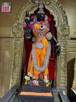A black stone deity murti of Meenakshi standing in a golden arched niche with a red velvet backdrop. The figure wears an orange and magenta silk sari with a gold zari border, heavy silver jewelled necklaces, a large silver waist belt and a braided black hair plait decorated with pink flowers. The raised right hand holds a parrot-topped staff, and the base is strewn with orange marigolds and white and pink flowers. A red exit sign is visible at the upper left.