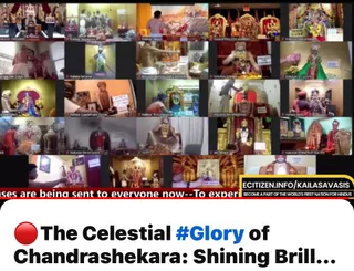 A screenshot of a video conference grid showing many small tiles of temple rituals in separate locations, each labelled with a KAILASA centre name such as Kailasa Toronto, Kailasa Singapore, Kailasa Los Angeles, Kailasa San Diego, Kailasa St. Louis, Kailasa Malaysia and Kailasa Guadeloupe. Most tiles show deity murti decorated with garlands, flowers and cloth, with devotees in red and white ritual clothes performing puja and arranging offerings. Some tiles show ornate shrines with gold and red decoration. A red scrolling news ticker and a white caption bar with a headline about Chandrashekara appear along the bottom, with a yellow box reading ecitizen.info/kailasavasis. People visible in the tiles are few and partly seen, and no figure can be confidently identified as a person.