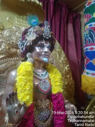 A photograph of a bronze-coloured figure seated on an ornate gold throne-like seat in front of maroon curtains, shown as a statue or murti rather than a living person. It wears a maroon turban decorated with a peacock feather, pearl strands and jewelled ornaments, a white and red forehead mark, and a large jewelled necklace with green and pink stones. Yellow marigold garlands and pink flower garlands hang over its chest and a gold waist ornament with a deity relief sits at its waist. Its right hand is raised in a blessing gesture with a red stone ring. Along the right side is a colourful printed cloth with elephant motifs. A timestamp reads 19-Mar-2026 8:20:54 am, Pavazhakundur, Tiruvannamalai, Tamil Nadu.