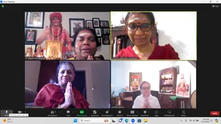 A four-panel Zoom video call screenshot of a KAILASA Nithyotsavam event. Top left, a man in a red and saffron turban and saffron dhoti with a rudraksha mala appears on a screen behind a smiling woman with white forehead markings, beside a framed picture wall and a gold-framed deity murti. Top right, a woman in red blouse and glasses with a red bindi and white markings sits before a wooden cabinet, labelled C A Shakunthaladevi Dayalingam. Bottom left, an older woman in a red shawl presses her palms together in namaste, labelled MED Dr Nirmala Sivaji. Bottom right, a woman in white with glasses, labelled martha watson, presses her palms together in front of a deity painting and a framed saint portrait. The window shows the Zoom interface, the participant count and the Mute, Share Screen and Record controls.