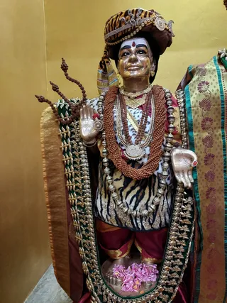 A gilded statue of a standing male figure in a tiger-striped turban with ornate gold trim and a red tilak on the forehead. The figure wears layered rudraksha malas, gold and silver necklaces, and a tiger-print garment over maroon trousers, holding a trident-like rudraksha staff in one raised hand. A green and gold embroidered cloth frames the figure, and pink flower petals lie at its feet against a golden wall. This is a statue or murti, not a living person, and no living people are visible.
