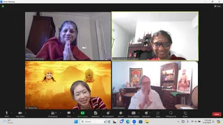 A Zoom video call screenshot showing four participants in a grid. Top left, a woman with a red shawl and forehead marks, hands pressed in namaste, labelled MED Dr Nirmala Sivaji. Top right, a smiling woman in glasses and a red top with a small shrine of lamps and deity figures behind her, labelled A Shakunthaladevi Dayalingam. Bottom left, a smiling woman in a red and white striped top beside a banner showing a saffron-clad figure with a turban over a golden temple scene, labelled Jenny Tran. Bottom right, an older woman in white robes with hands in namaste in front of a wooden cabinet, a framed deity painting and a poster of a seated saffron-robed figure, labelled martha watson. The Zoom toolbar and a Windows taskbar are visible along the bottom.