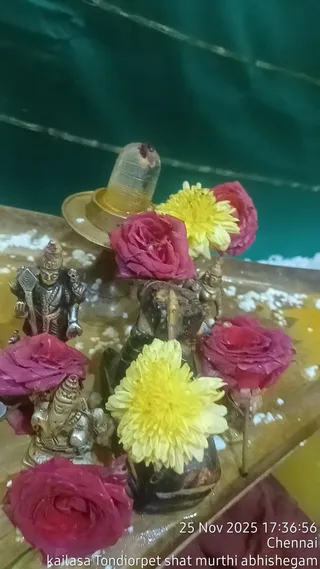 A photograph of a small altar on a wooden tray with a damp, sugar-like sprinkling and scattered white particles. A brass or gold-toned shivalinga with a small red mark sits on a brass base at the top. Around it are small metal deity murtis, including a standing figure in a crown and dhoti-like dress and a seated figure, plus a dark bronze-toned sculpture. Red roses and yellow chrysanthemums are placed among them, and a green backdrop is behind. The setting suggests abhishekam offerings. A timestamp reads 25 Nov 2025 17:36:56 and location Chennai.